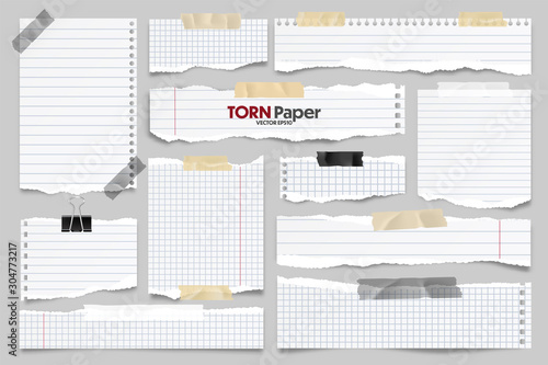 White ripped lined paper strips collection. Realistic paper scraps with torn edges and adhesive tape. Sticky notes, shreds of notebook pages. Vector illustration.
