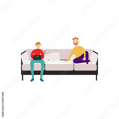 Men, friends or roommates sitting on couch flat vector illustration isolated.