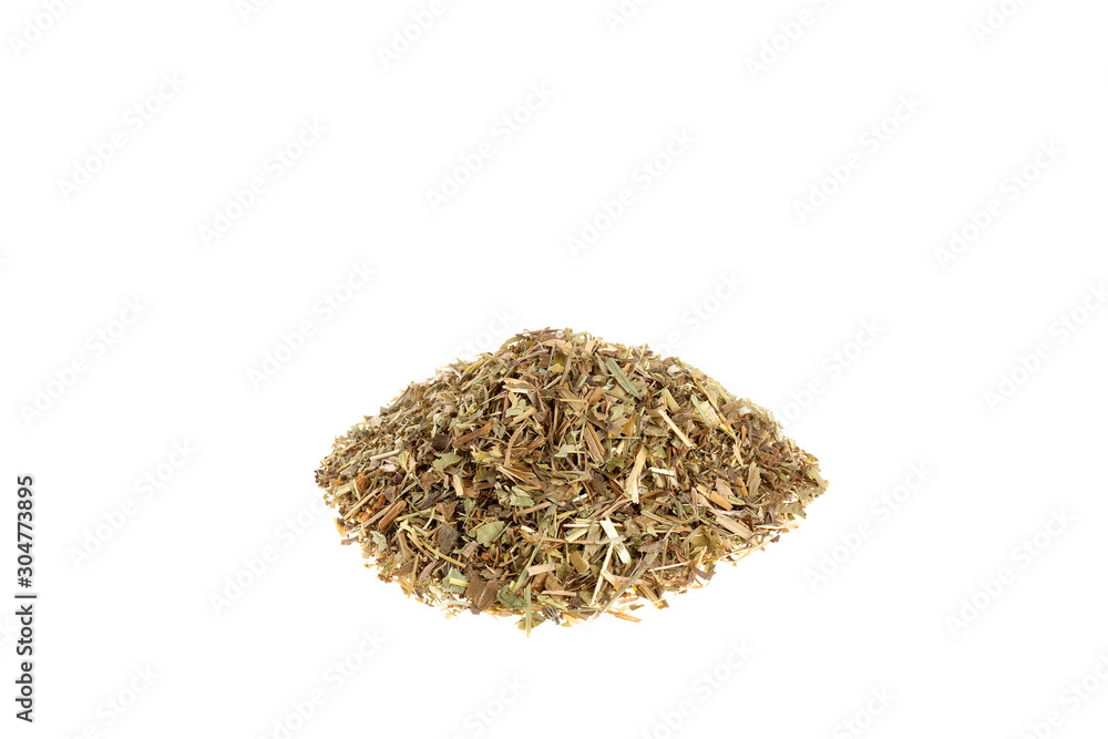 Pile of dried Alchemilla, Alchemilla vulgaris crushed stalks isolated on white background. Pile of dried Alchemilla, Alchemilla vulgaris crushed stalks isolated on white background.