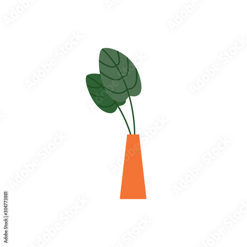 Indoor house plant with leaves in vase icon, flat vector illustration isolated.