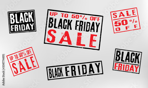 Square Black Friday stamp, red and black sales set