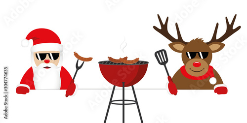 cute santa claus and reindeer with sunglasses at christmas bbq vector illustration EPS10