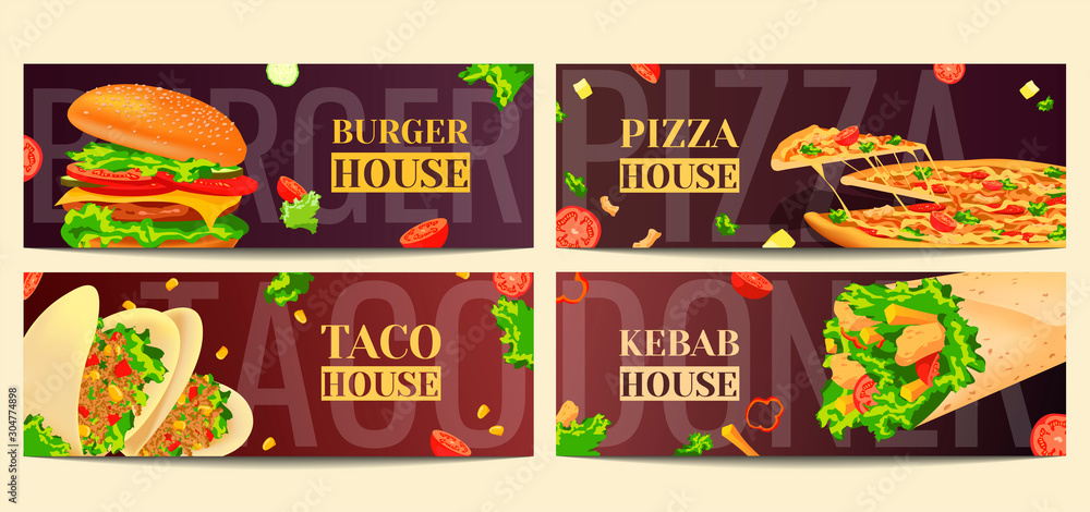 Set of banners for fast food, cooking, cafe and restaurant menu, food ordering, junk food. Pizza, Tacos, Kebab and Burger. Vector illustration perfect for banner, poster, sign, flyer, advertising.