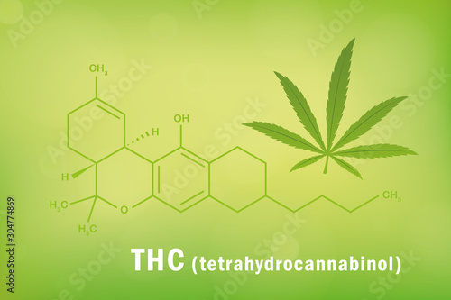 thc tetrahydrocannabinol chemical formula with cannabis leaf vector illustration EPS10