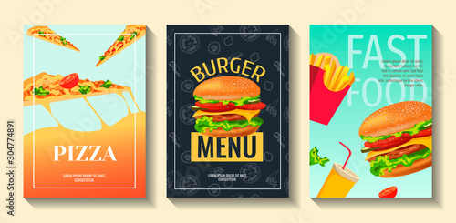 Set of flyers for fast food, cooking, cafe and restaurant menu, food ordering, junk food. Pizza, Burger, French fries and Soda. Vector illustration for banner, poster, flyer, cover, menu, brochure.