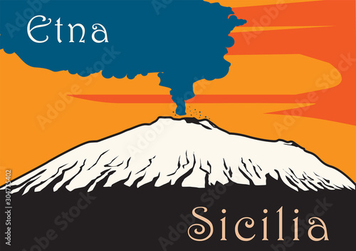 Mount Etna Volcano with smoke