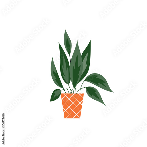 House tropical plant with leaves in pot icon, flat vector illustration isolated.