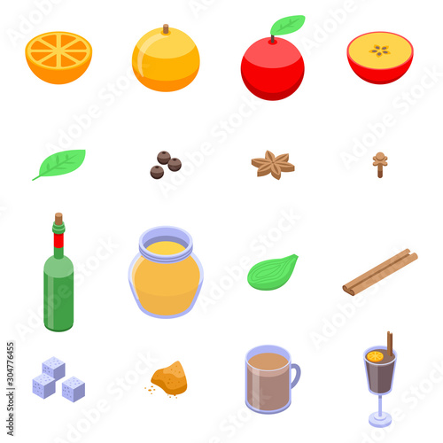 Mulled wine icons set. Isometric set of mulled wine vector icons for web design isolated on white background