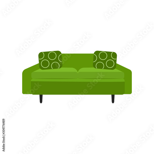 Colorful green sofa - home furniture element with patterned decorative cushions