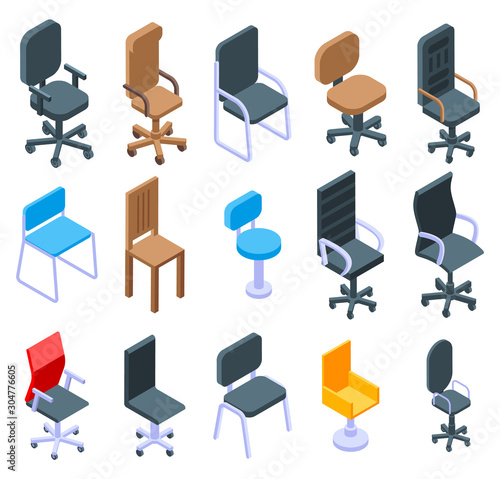 Desk chair icons set. Isometric set of desk chair vector icons for web design isolated on white background