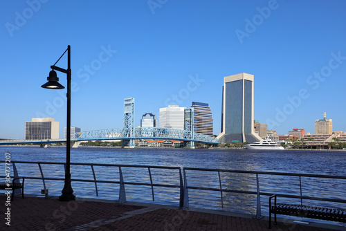 Clean and beautiful Jacksonville Riverwalk, one and a quarter mile paved promenade along the St. Johns River in downtown Jacksonville, Florida, USA.