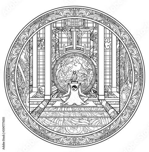 Coloring book for adults. Meditating girl in a beautiful Japanese temple with a round entrance, sitting in the Lotus position on the Mat, back to the viewer . 2D illustration