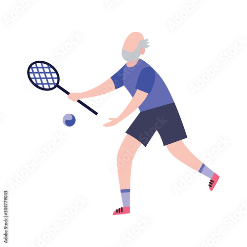 Elderly man playing tennis cartoon character flat vector illustration isolated.