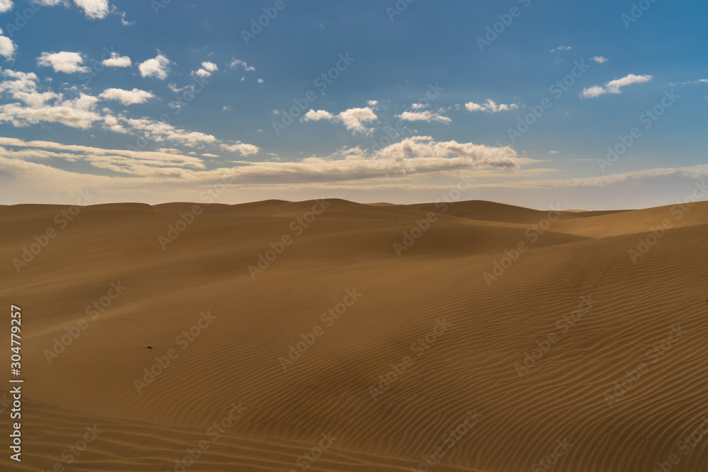 Amazing sand dunes during sunny and windy day in the Natural Reserve of Dunes of Maspaloma in Gran Canaria with sand dust, Canary Islands, Spain