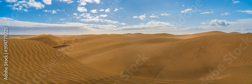Wide Panorama of the stunning sand dunes during sunny and windy day in the Natural Reserve of Dunes of Maspaloma in Gran Canaria with sand dust and ocean in background
