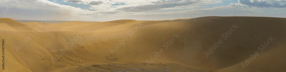 Panoramic view on the stunning sand dunes during sunny and windy day in the Natural Reserve of Dunes of Maspaloma in Gran Canaria with sand dust and ocean in background