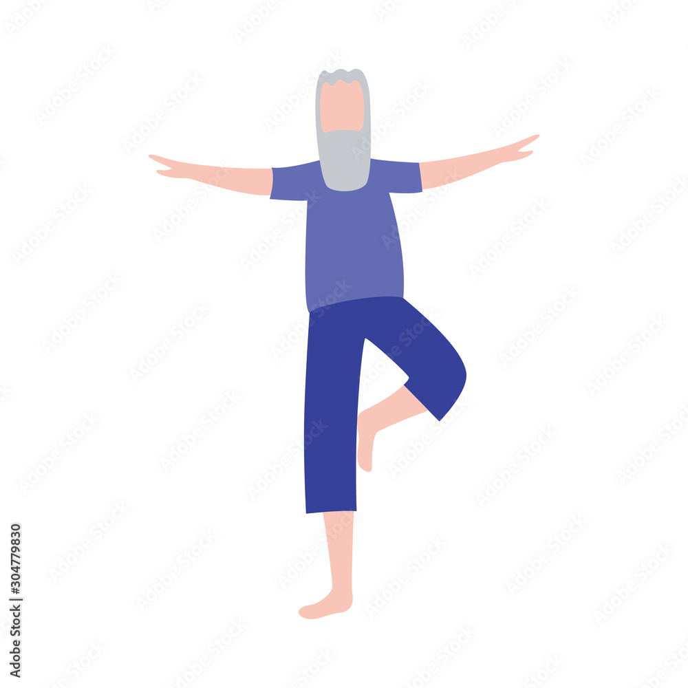 Cartoon old man standing in yoga pose training his balance