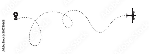 Airplane and airplane track dashed line, black icon vector illustration isolated.