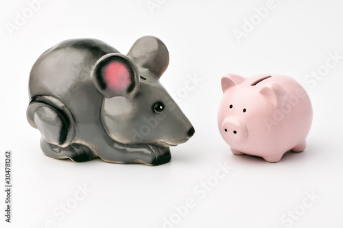 Rat and mouse. Two piggy banks  a pink pig and a gray mouse or rat on a white background. Two symbols of the years 2019 and 2020.