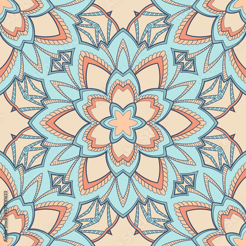 Decorative colorful ethnic seamless pattern for fabric or wrapping in oriental style. Hand drawn illustration