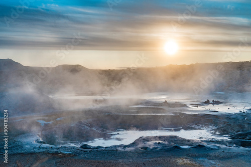steaming mud holes and solfataras in the geothermal area of Hverir near lake Myvatn  northern Iceland