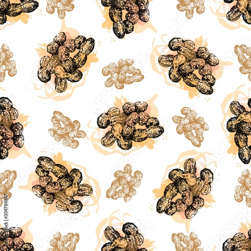 Seamless pattern of hand drawn sketch style peanuts isolated on white background. Vector illustration.