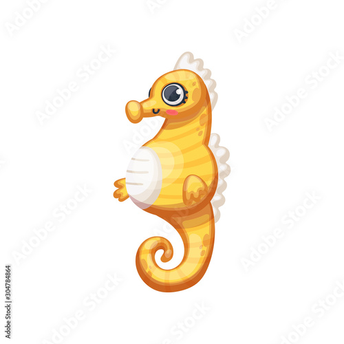 Cute cartoon yellow sea horse drawing for children isolated on white background
