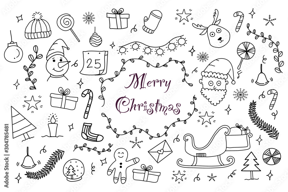 Doodles Christmas elements, Hand drawn Christmas doodle cartoon set, Doodle  cartoon style vector de Stock | Adobe Stock