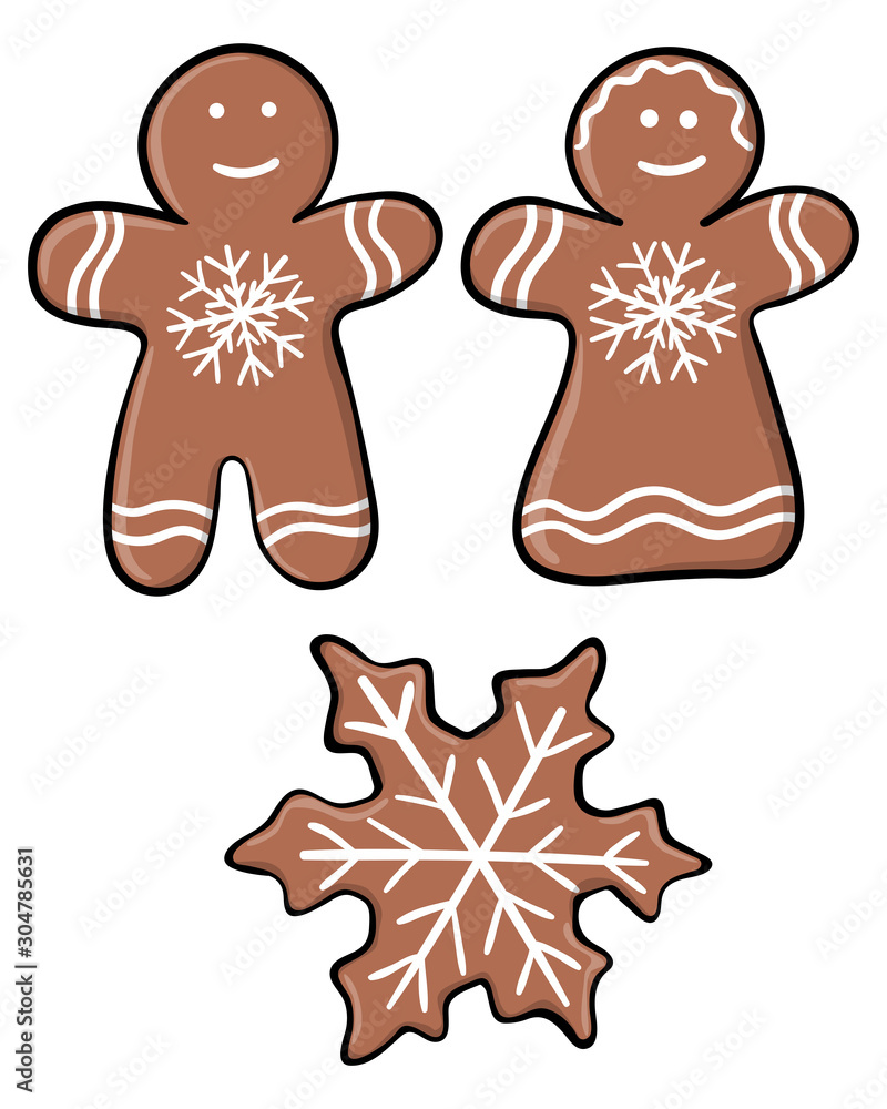 Set of Christmas gingerbread isolated on white background. Vector cartoon set: Men, Woman, Snowflake. New Year and Merry Christmas gingerbread figures cover by glaze Set of Christmas gingerbread isolated on white background. Vector cartoon set: Men, Woman, Snowflake. New Year and Merry Christmas gingerbread figures cover by glaze