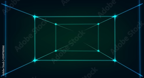 Green laser perspective grid background in starry space.