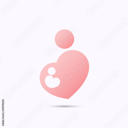 Simplified pink symbol of pregnant mother with baby in heart shape with heads, in stick figure style