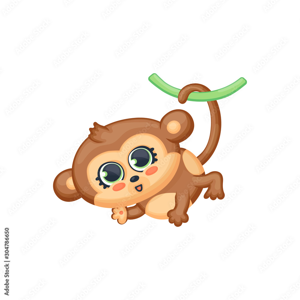 Cartoon baby monkey hanging on tail, kawaii vector illustration isolated.  Stock Vector | Adobe Stock