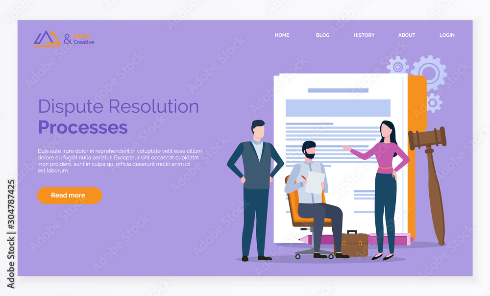 Dispute resolution processes, documents and gavel. Man and woman solving problems, partners reconciliation, lawyer online, rights and notes vector. Webpage or website template, landing page flat style