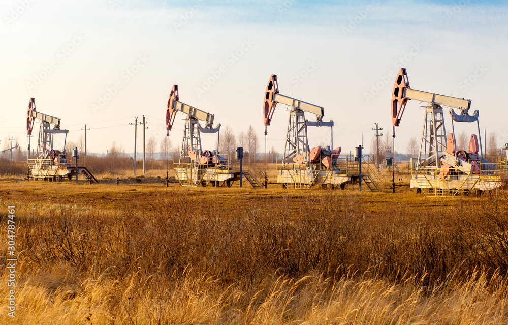 Oil rocking in the field. Oil production in Russia, Republic of Bashkortostan. Industrial landscape. Autumn