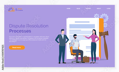 Dispute resolution processes, documents and gavel. Man and woman solving problems, partners reconciliation, lawyer online, rights and notes vector. Webpage or website template, landing page flat style