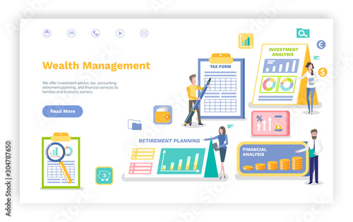 Wealth management vector, man signing tax form, investment and financial statistics and data on accounts, people working in banking sphere.Website or webpage template, landing page flat style