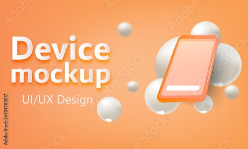Phone mockup with voluminous white balls on an orange background. Fashionable design.