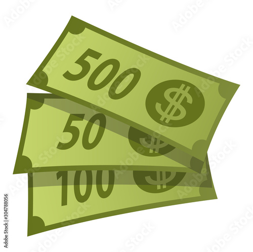 Green banknotes isolated icon vector. Cash with nominal of 50, 100 and 500 dollars, financial assets symbol of richness. Wages and salary, profit