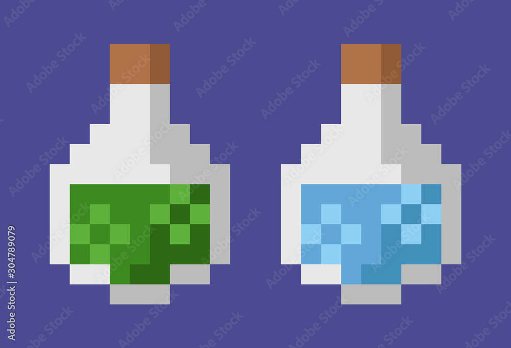 Elixirs for healing vector, isolated glass bottles with potion for curing or poison, pixel game elements, graphics of 80s 8 bit games, magical liquids set