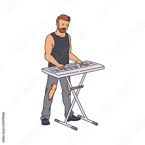 Man street musician playing synthesizer sketch vector illustration isolated.