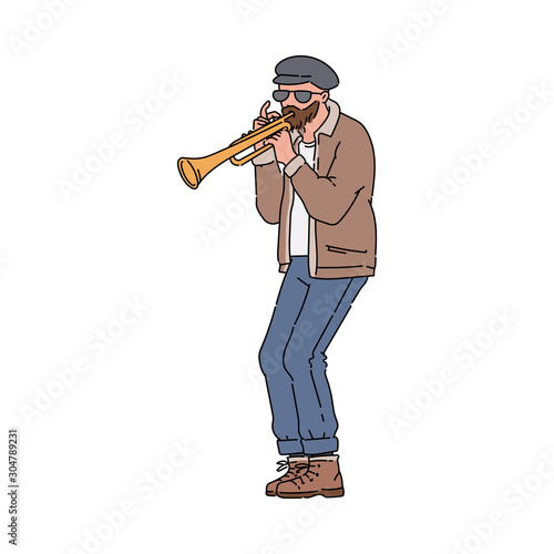 Street trumpeter musician cartoon character sketch vector illustration isolated.