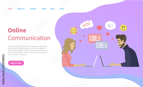 Man and woman characters using laptop for dating online, meeting app in wireless device, side view of couple, chat icons, modern web flirt vector. Website or webpage template, landing page flat style