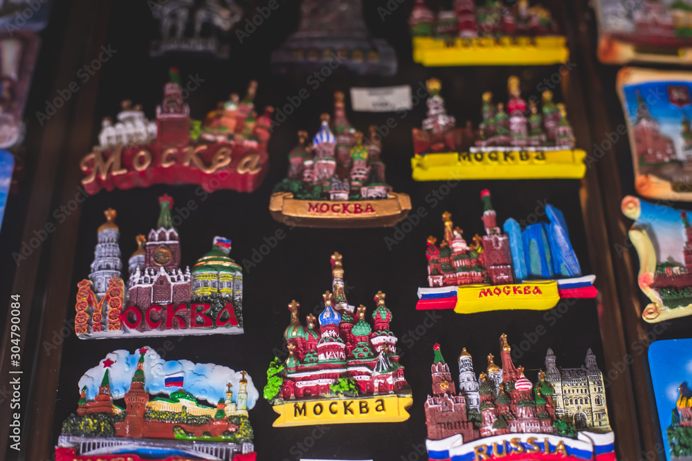 View of traditional souvenirs from Moscow, Russia, with fridge magnets with 