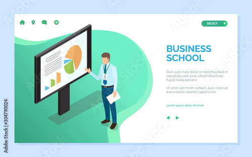 Business school vector, businessman showing whiteboard with pie diagram and data to learn. Conference and seminar of person mentoring course. Website or webpage template, landing page flat style