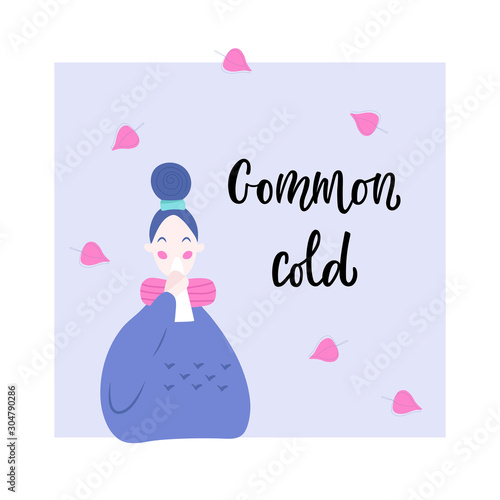 2. Handwritten COMMON COLD, girl with the runny nose on the background of falling autumn leaves. Vector illustration in flat cartoon style