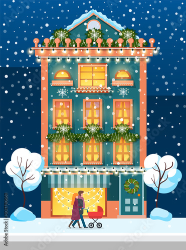 Young family consisting of mother, father and newborn, kid in pram walking in winter vector. People strolling with perambulator in snowfall passing house decorated by wreaths and pine branches