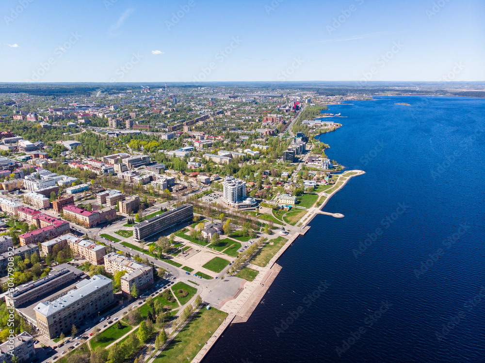 Beautiful aerial air summer vibrant view of Petrozavodsk, Russia, the administrative center of Republic of Karelia, with Onega Lake shot from drone