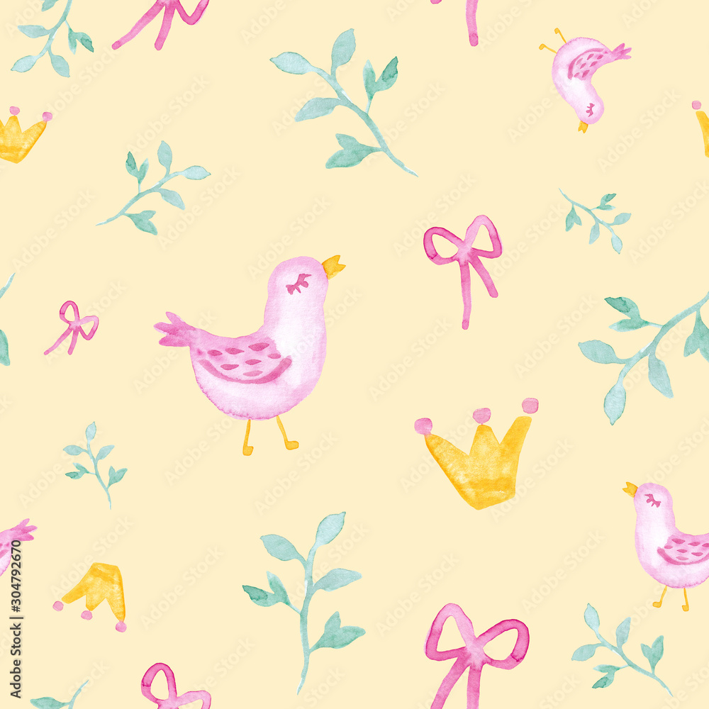 Birds and princess crown watercolor painting - hand drawn seamless pattern on yellow