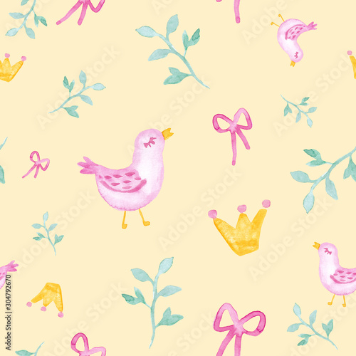 Birds and princess crown watercolor painting - hand drawn seamless pattern on yellow