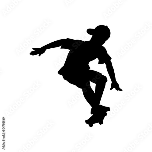 Teen or boy black silhouette with skateboard, vector illustration icon isolated.
